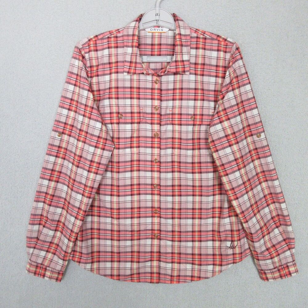 Orvis Shirt‎ Womens M Plaid Button Up Long Sleeve Embroidered Pink Poly/Nylon